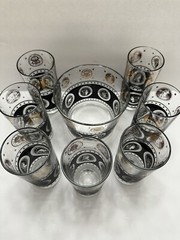 Libbey Black Gold Glasses & Ice Bucket MCM High Ball Tumblers Coins Set Of 8 Pcs