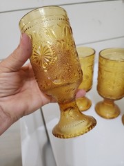 Vintage Amber Glass Goblets Set 4 Daisy Floral Pressed Drinking Glasses Pedestal