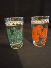 Kraft-Swanky Swigs-2 Vtg-MCM-Juice Glasses-Dog/Cat/Rooster/Bunny-Kiddie Cups 4″