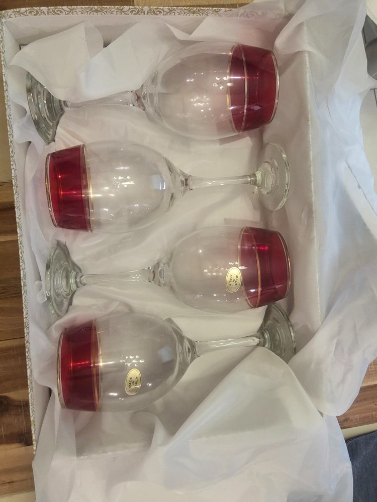 Cristalleria Fratelli Fumo Fine Italian Glasses Large Wine Red Stem Gold Rim (Se