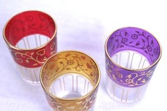 3 Jewel Tone Juice Glasses Double Shots Candle with Gold Tone Pattern Appx 3.25″