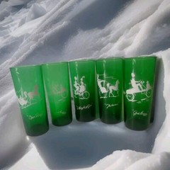 Vtg Christmas Tumbler Glass Anchor Hocking x5 Green Buggy Sleigh Juice Drinkware