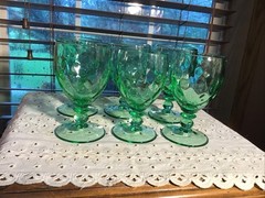 6 Antique Yeoman Green Heisey Stem 1184 Optic Water Wine Goblets Glasses