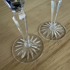 Pair Ajka Cut to Clear Crystal Champagne Flutes Cobalt Blue Emerald Green