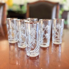 Godinger Highball Crystal Glass Palm South Beach Silver Plated Rim Set of 6