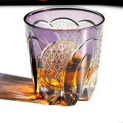 11oz Amber Purple Whiskey Glass Japanese Style Cut Crystal Kiriko With Gift Box