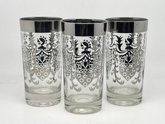 Vintage MCM Kimiko Silver Knights Shield Tumbler Glasses Set Of 3 Barware EUC