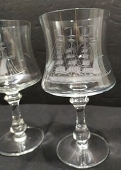 Lot 2 Crystal barware tulip shape clear Glasses ETCHED SHIP Nautical Ocean