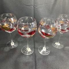 4 ROMANIA La Fleur BALLOON WINE GLASS RED GOLD MOSAIC Led Free Crystal 8.5” New