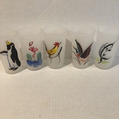 Frosted drinking coctail Glass Anchor Hocking set of 5 .Hand Painted Animals