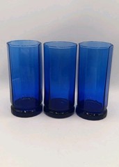 Set Of 3 Vintage Anchor Hocking Essex Cobalt Blue 10-Panel Tumbler Glasses 16oz