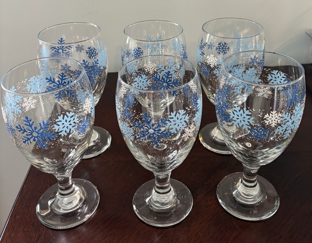 Set of 6 Vintage 1990s Libbey Snowflake Glasses Wine/Water/Tea Goblets 7″ EC