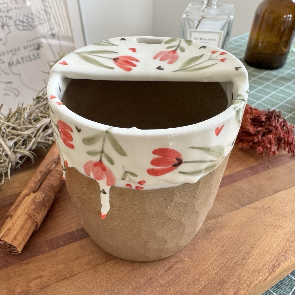 Handmade Ceramic Travel Mug Hand Painted Floral Stoneware Coffee Cup To Go Mug