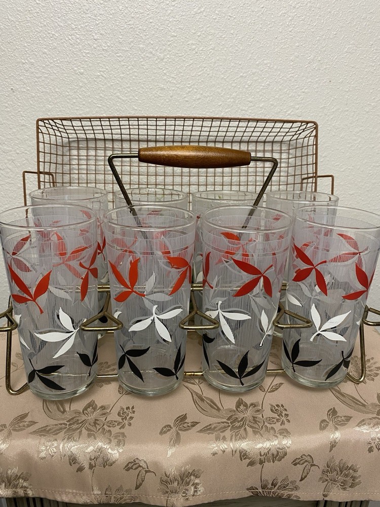 VTG MCM Glass 8 Tumbler Set w/ Carrier Red White Black Atomic Leaf Mid Century