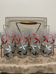 VTG MCM Glass 8 Tumbler Set w/ Carrier Red White Black Atomic Leaf Mid Century