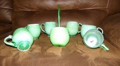 Murano Carlo Moretti 8 Pc Punch Bowl Set, Green & White Cased Glass OOAK, Italy