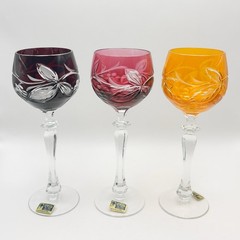 Vintage Lausitzer Cut To Clear Cased Glass Crystal Wine Hock Glasses Grapes x6