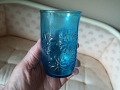 Vtg 2 TURQUOISE Blue Daisy Floral JUICE GLASSES 4 oz.