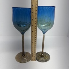Set 2 Hand Blown Studio Art Wine Glasses Blue Iridescent w/ Twisted Cane Stems