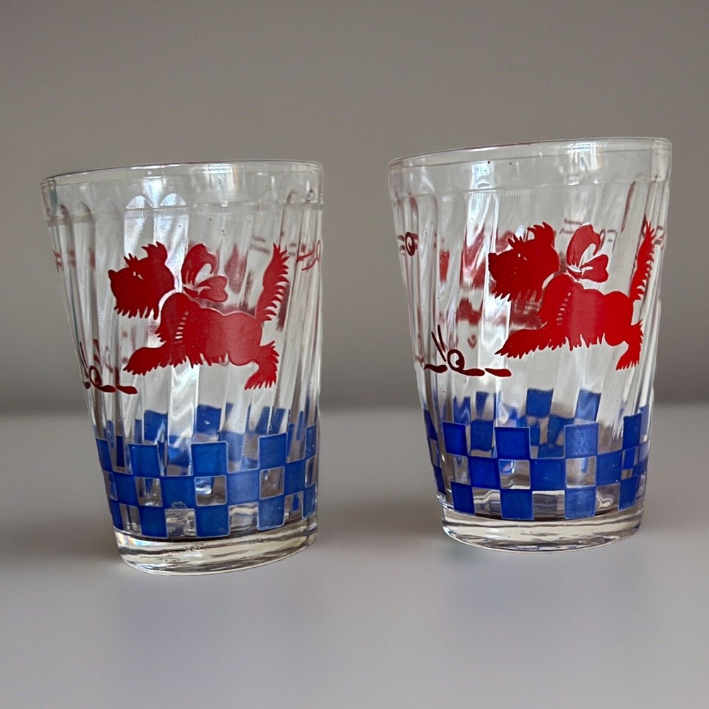 VTG Scottie Dog Glass Red&Blue 8 oz. Drink Cup Tumbler Set
