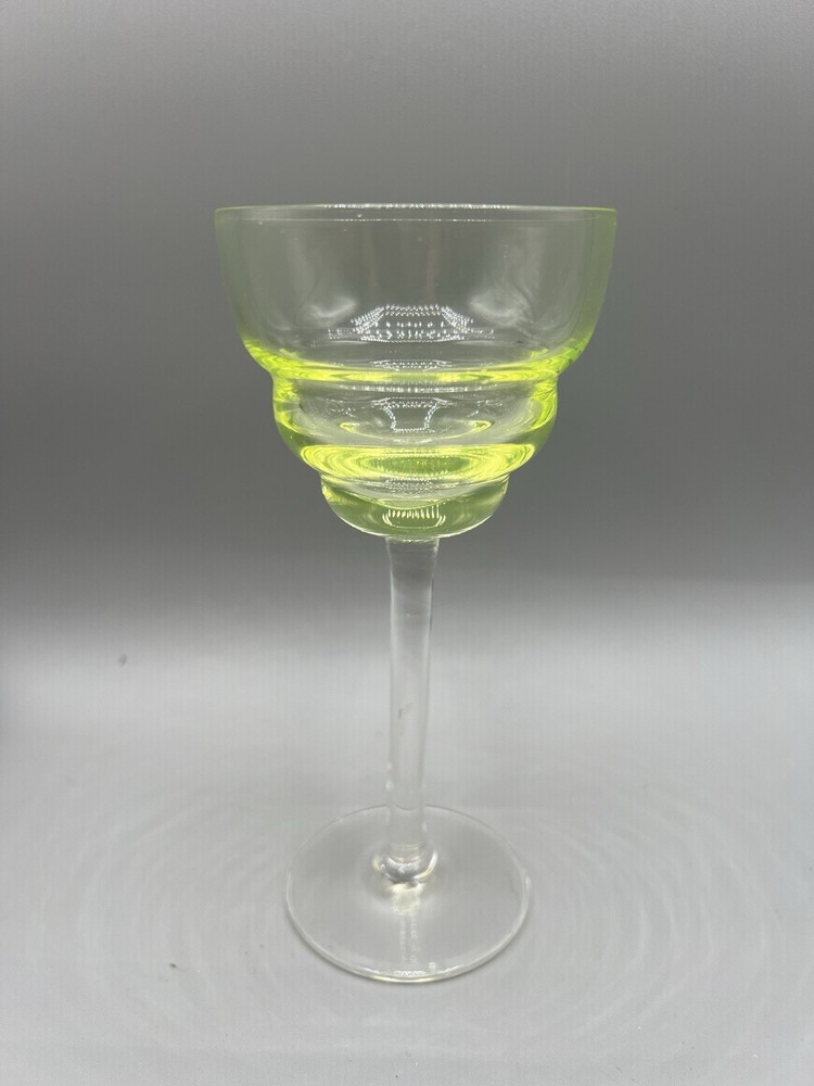 Vintage Uranium Vaseline Glass Tiered Bowl Stem Cocktail Goblet UV Glow Bubbles