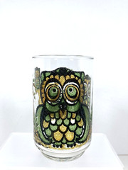 6 Vtg Libbey Owl Family Tumblers Embossed Stained Glass Look Drinking Glasses