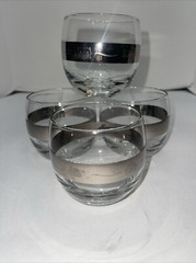 Vintage Roly Poly Cocktail Glasses Silver Band with House Designs -3 1/4″ Tall