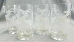 Set of 4 Mid Century MCM Drinking Glasses Gazelle Impala Antelope Deer White