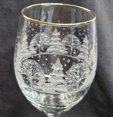 Libbey Arbys Frosted Winter Tree Scene Lot of 2 Wine Glasses/Goblet w/Gold Rim
