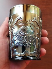 Silvery Bue Fenton Carnival Glass Fluffy Peacock Pattern Tumbler