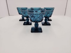 Vtg MCM Indiana Glass Aqua Blue Park Lane Colony Footed Sherbet Glasses 6pc 4.4″