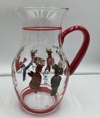 Pottery Barn Retired Christmas Reindeer Glass Pitcher & 8 Goblets Hand Painted