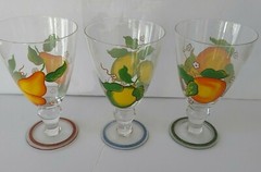 Hand Painted Fruit Juice Water Ice Tea Goblets Oranges Lemons Pears Set Of 3
