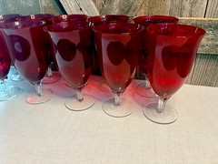 Set of 10 Ruby Red Water Iced Tea Goblets Clear Fluted Stems c. 1970s
