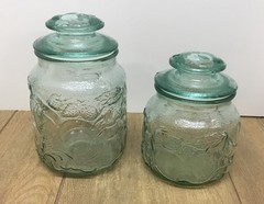 Vintage Libbey Orchard Fruit Canisters Light Aqua Green 8’’ & 6 1/2’’………….[S3-3]