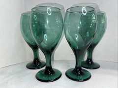 4 Set Libby Juniper Green Glasses Water/Wine Teardrop Gold Rim