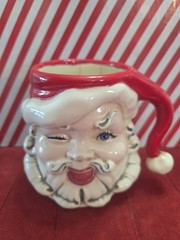 Vintage Santa Claus Mug Hand Painted Ceramic Winking Face Hat 4in Signed Cracks