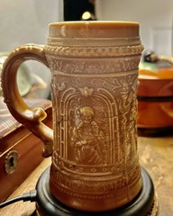 Greentown Chocolate Glass Relief Beer Mug Ornate Brown Ceramic Breweriana Theme