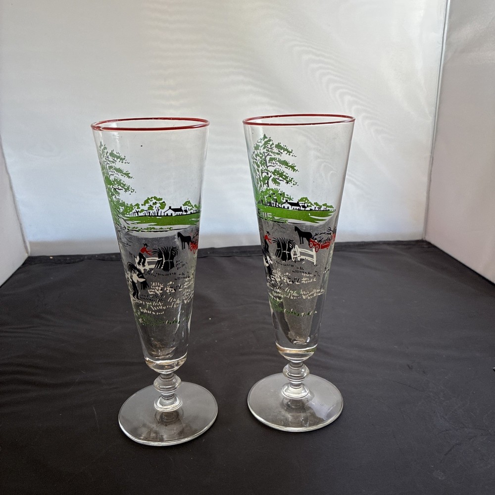 Set of 2 Pilsner Glasses Decorated Clear Green Red Black White Tapered Two-Piece