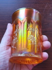 Pretty Marigold Northwood Carnival Glass Singing Birds Pattern Tumbler