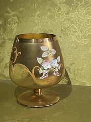 Bohemian Glass Brandy Snifter Hand Painted Enameled Flowers Gilt Gold