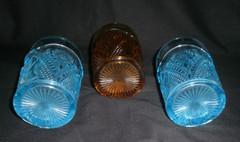 EAPG Paden City Etta Pattern Glass Tumbler Glasses 2 Blue 1 Amber Circa 1918