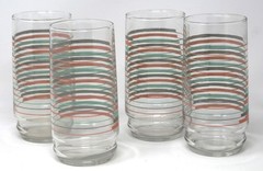 4 Vintage Pink Turquoise Gray Stripe MCM Retro 80s Glass Drinking Tumblers 16 oz