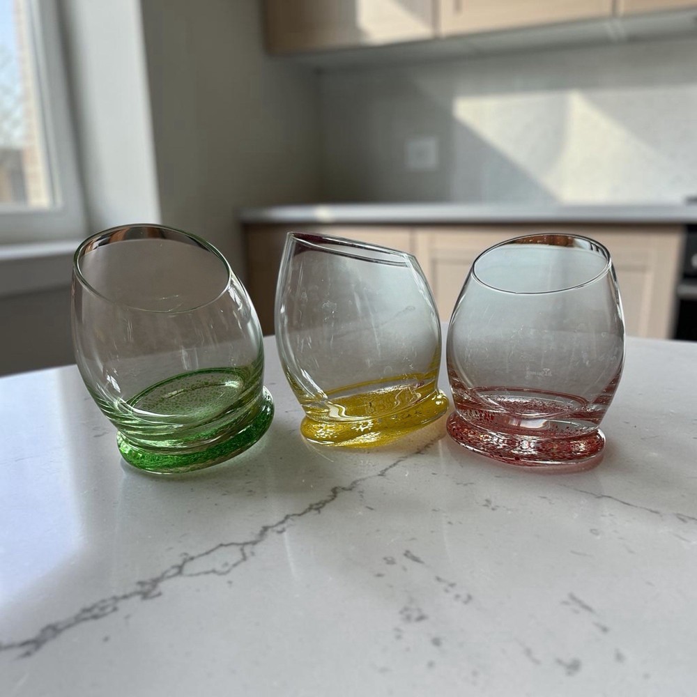 3 Handblown Granite Roly Poly Glasses di Sciacca 6oz Clear Red Yellow Green Base