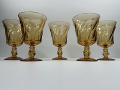 Vintage Fostoria Jamestown Amber 10 Oz Water Goblets Swirl Stem Set of 5
