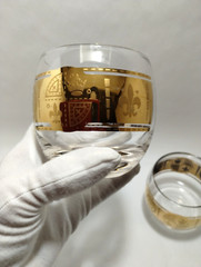 (4) VITO BARI GOLD ROLY POLY Cocktail Glass~CULVER Style Bar Glass~3″x3~22k Gold