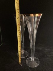 2 Hollow Stem Champagne Flutes With Gold Rim 9.5” Vtg