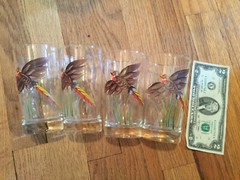 4 Vintage Clear Hand Painted Pheasants Ice Tea Glasses Tumblers w/ 84oz Pitcher