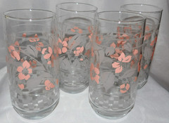 Corelle ? or Libbey ? PEACH Floral Glasses Tumbers Set of 4 Measure 6″ Tall