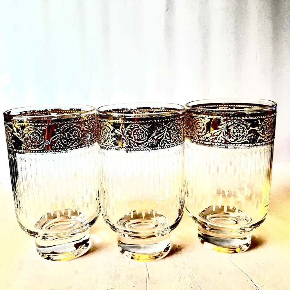 CULVER Starlyte 3 Highball Cocktail Glam Glasses Ornate 22K Gold Bands MCM VTG